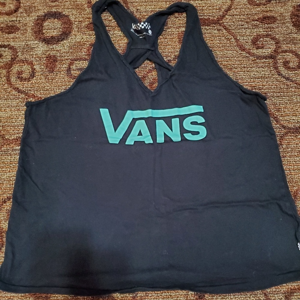 Women's tank top, black and teal writing